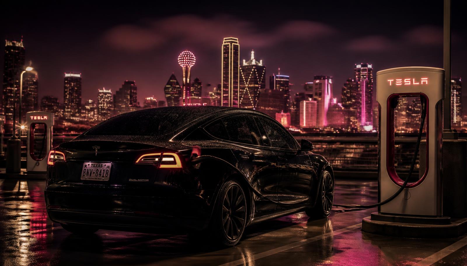 Black Tesla Model 3 charging at night with the Dallas skyline behind it