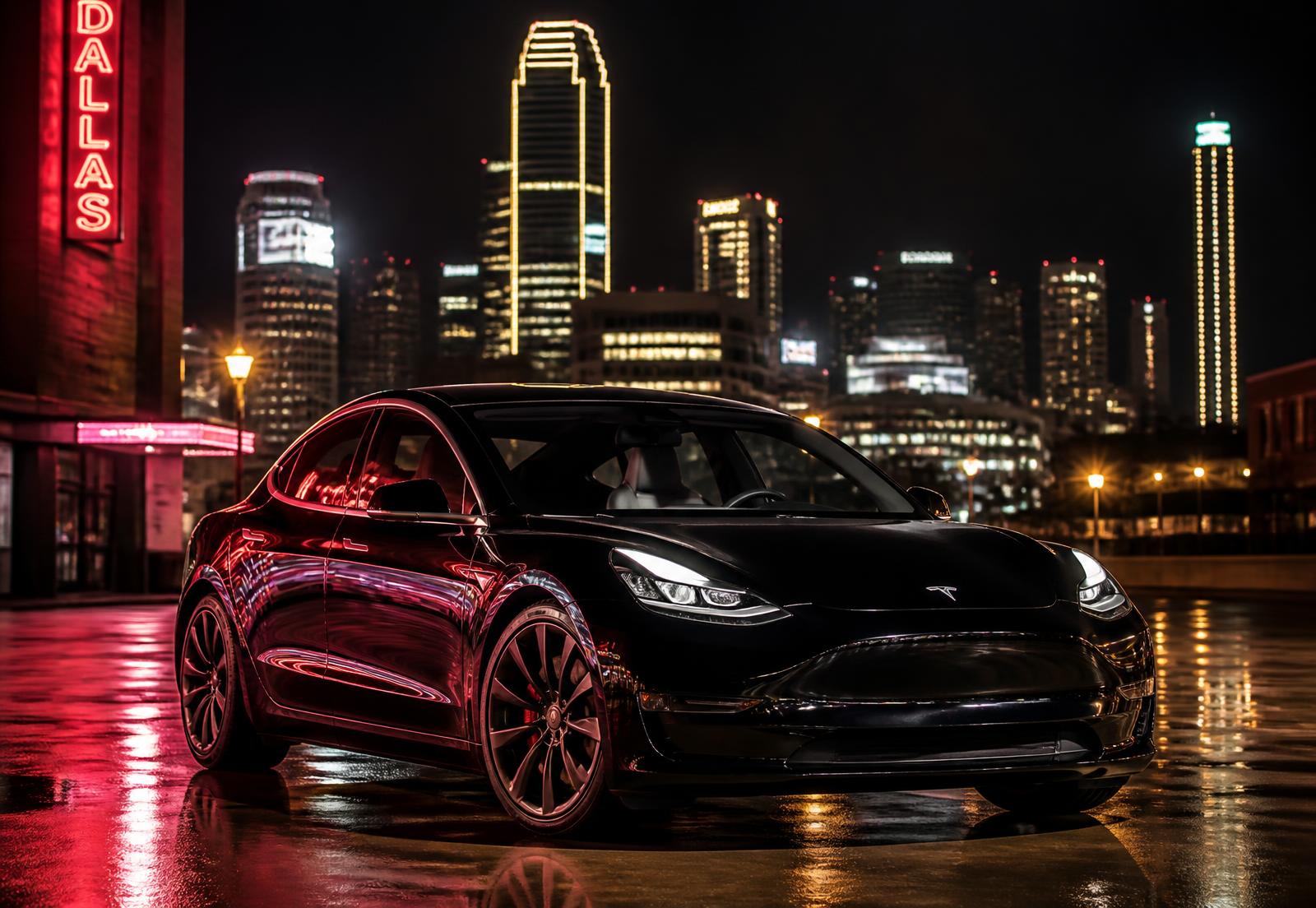 Glossy black Tesla Model 3 at night on a wet Dallas street
